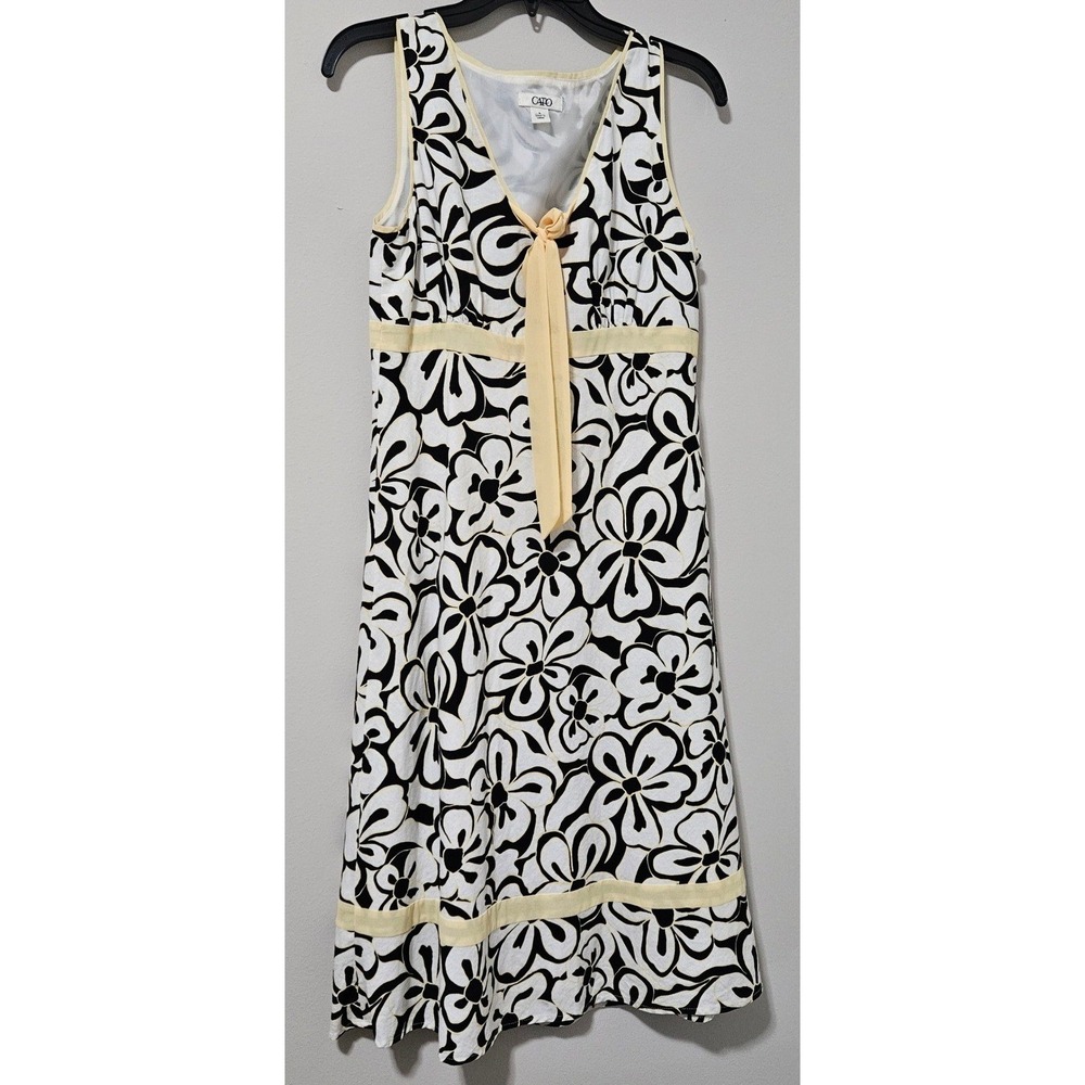 Cato Womens Black White Floral Midi Dress Yellow Trim Tie V-Neck Size 8 Slveless